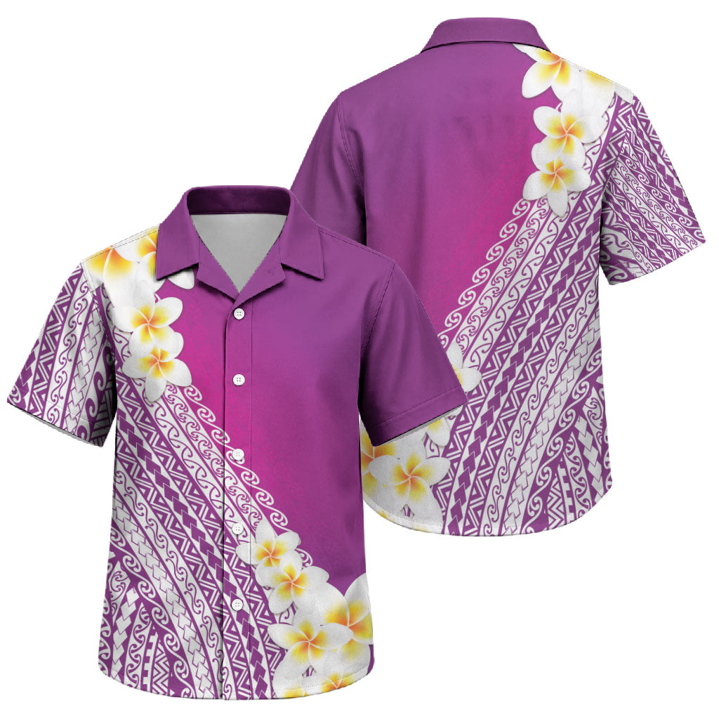 Tahiti Plumeria Tribal Pattern Family Matching Short Sleeve Bodycon Dress and Hawaiian Shirt Wave Style Purple LT05 Son's Shirt Purple - Polynesian Pride