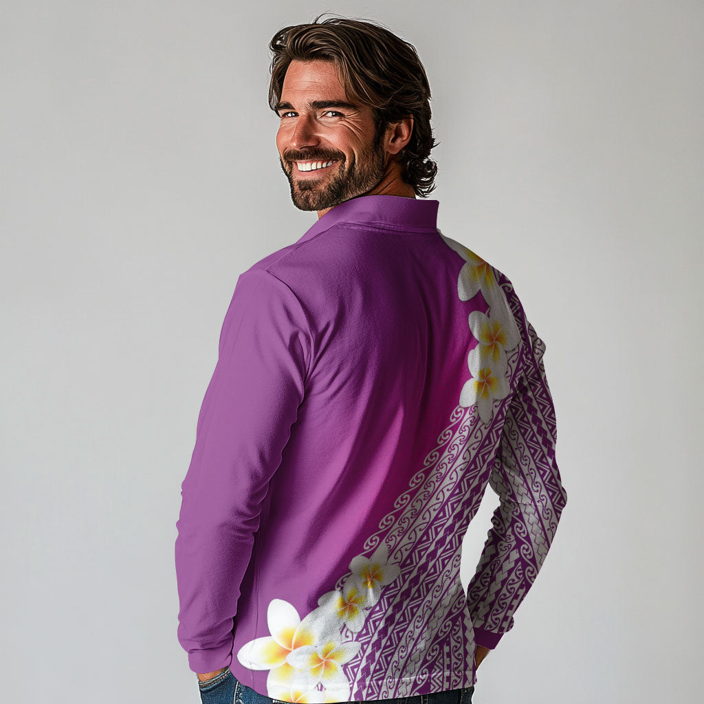 Tahiti Plumeria Tribal Pattern Long Sleeve Polo Shirt Wave Style Purple LT05 - Polynesian Pride