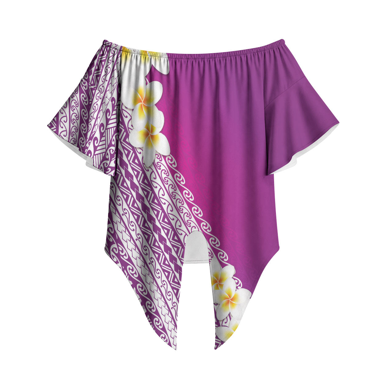 Tahiti Plumeria Tribal Pattern Off Shoulder Wrap Waist Top Wave Style Purple