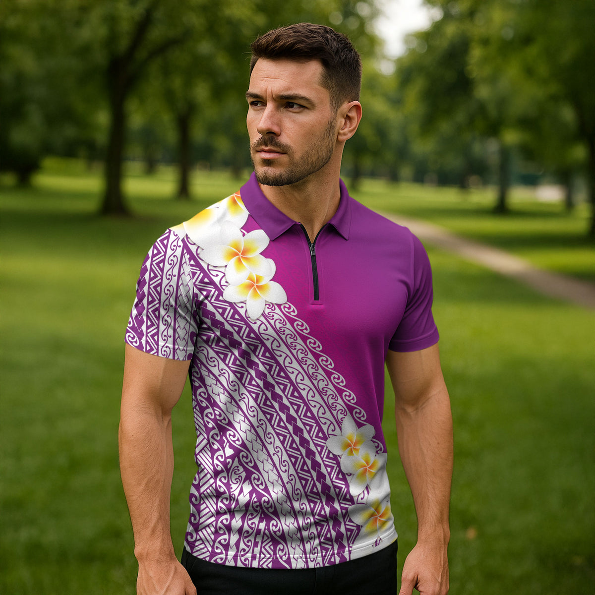 Tahiti Plumeria Tribal Pattern Zipper Polo Shirt Wave Style Purple LT05 - Polynesian Pride