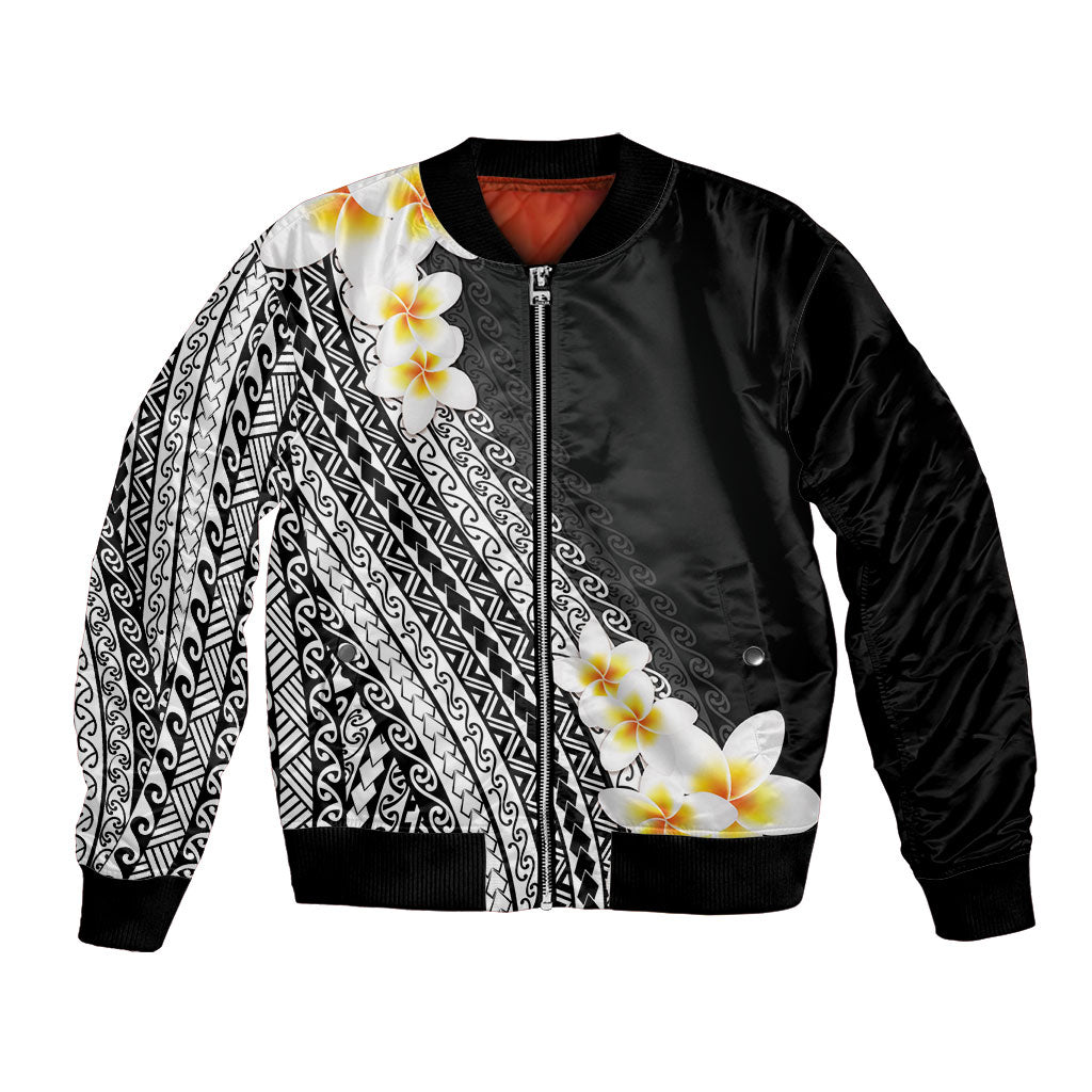 Tahiti Plumeria Tribal Pattern Bomber Jacket Wave Style Black LT05 Unisex Black - Polynesian Pride
