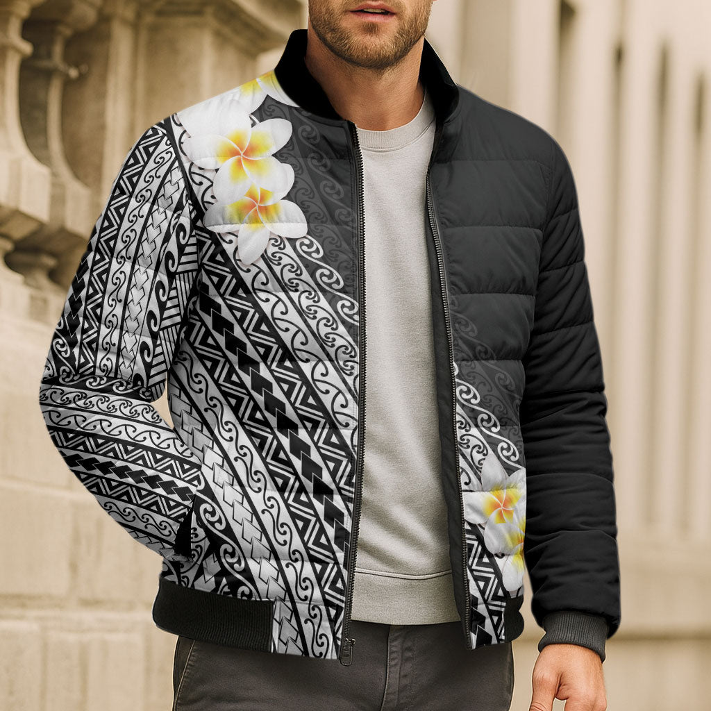 Tahiti Plumeria Tribal Pattern Bomber Puffer Jacket Wave Style Black LT05 - Polynesian Pride