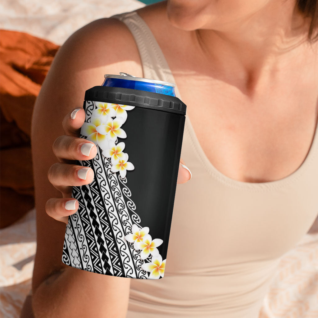 Tahiti Plumeria Tribal Pattern 4 in 1 Can Cooler Tumbler Wave Style Black LT05 - Polynesian Pride