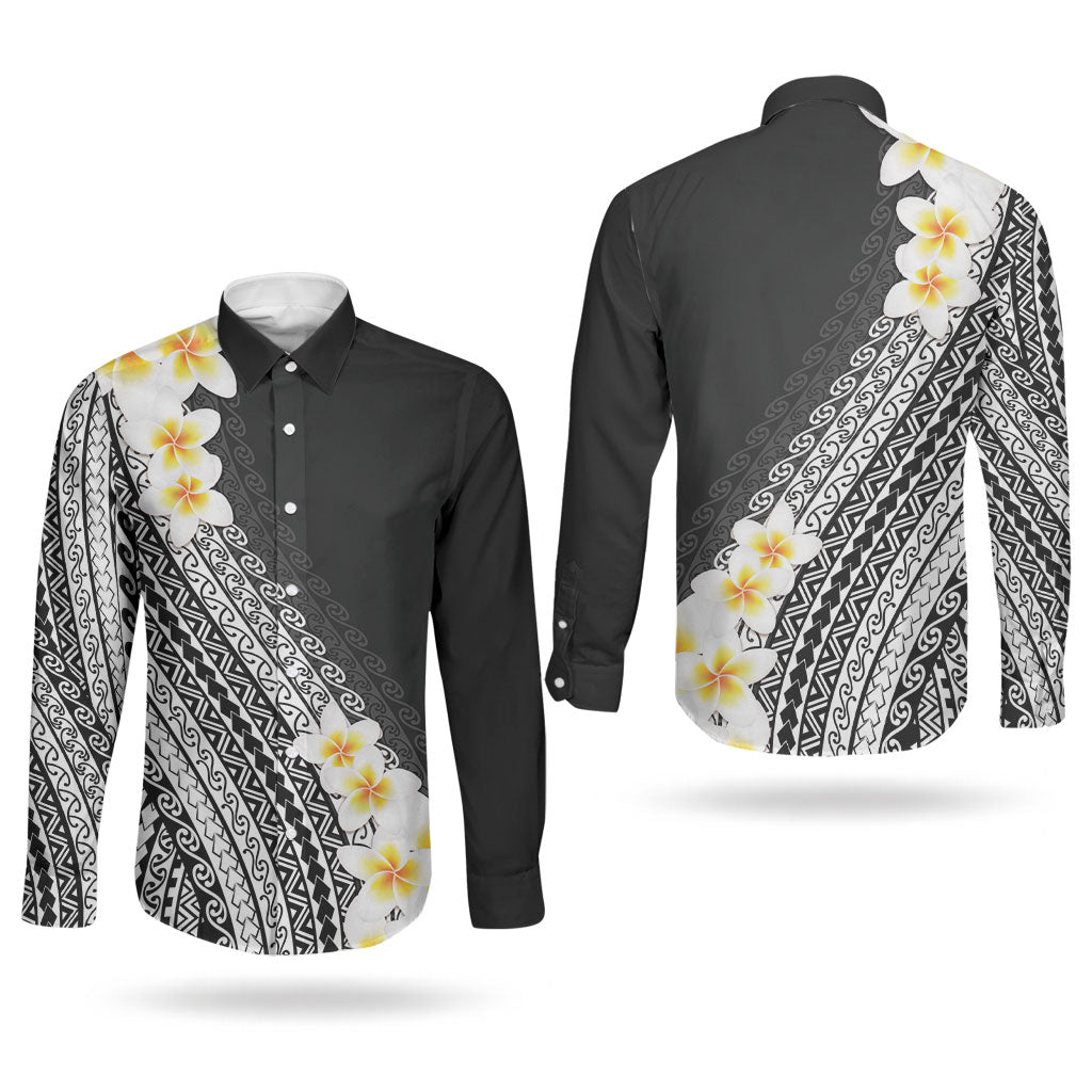 Tahiti Plumeria Tribal Pattern Couples Matching Off Shoulder Short Dress and Long Sleeve Button Shirt Wave Style Black LT05 - Polynesian Pride