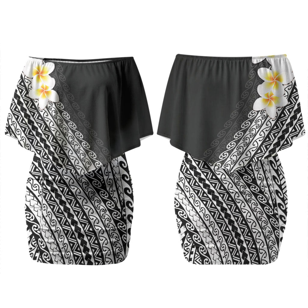 Tahiti Plumeria Tribal Pattern Couples Matching Off Shoulder Short Dress and Long Sleeve Button Shirt Wave Style Black LT05 - Polynesian Pride