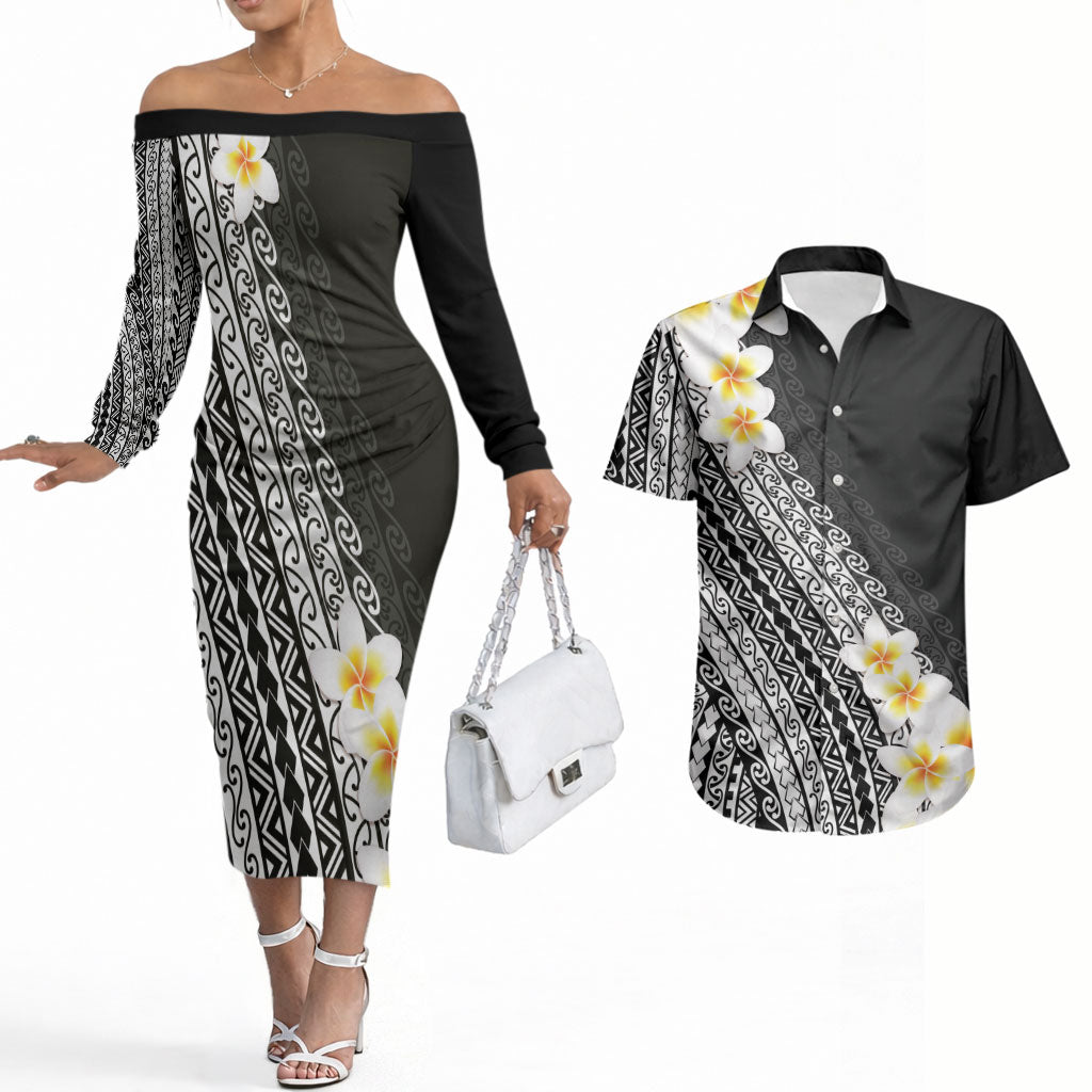 Tahiti Plumeria Tribal Pattern Couples Matching Off The Shoulder Long Sleeve Dress and Hawaiian Shirt Wave Style Black LT05 Black - Polynesian Pride