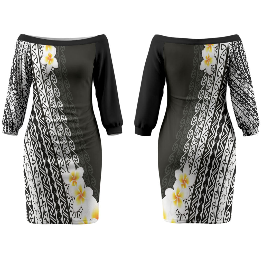 Tahiti Plumeria Tribal Pattern Couples Matching Off The Shoulder Long Sleeve Dress and Hawaiian Shirt Wave Style Black LT05 - Polynesian Pride