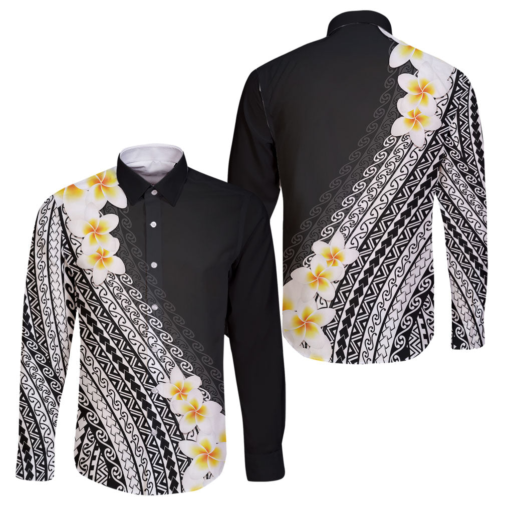 Tahiti Plumeria Tribal Pattern Family Matching Off The Shoulder Long Sleeve Dress and Hawaiian Shirt Wave Style Black LT05 Dad's Shirt - Long Sleeve Black - Polynesian Pride