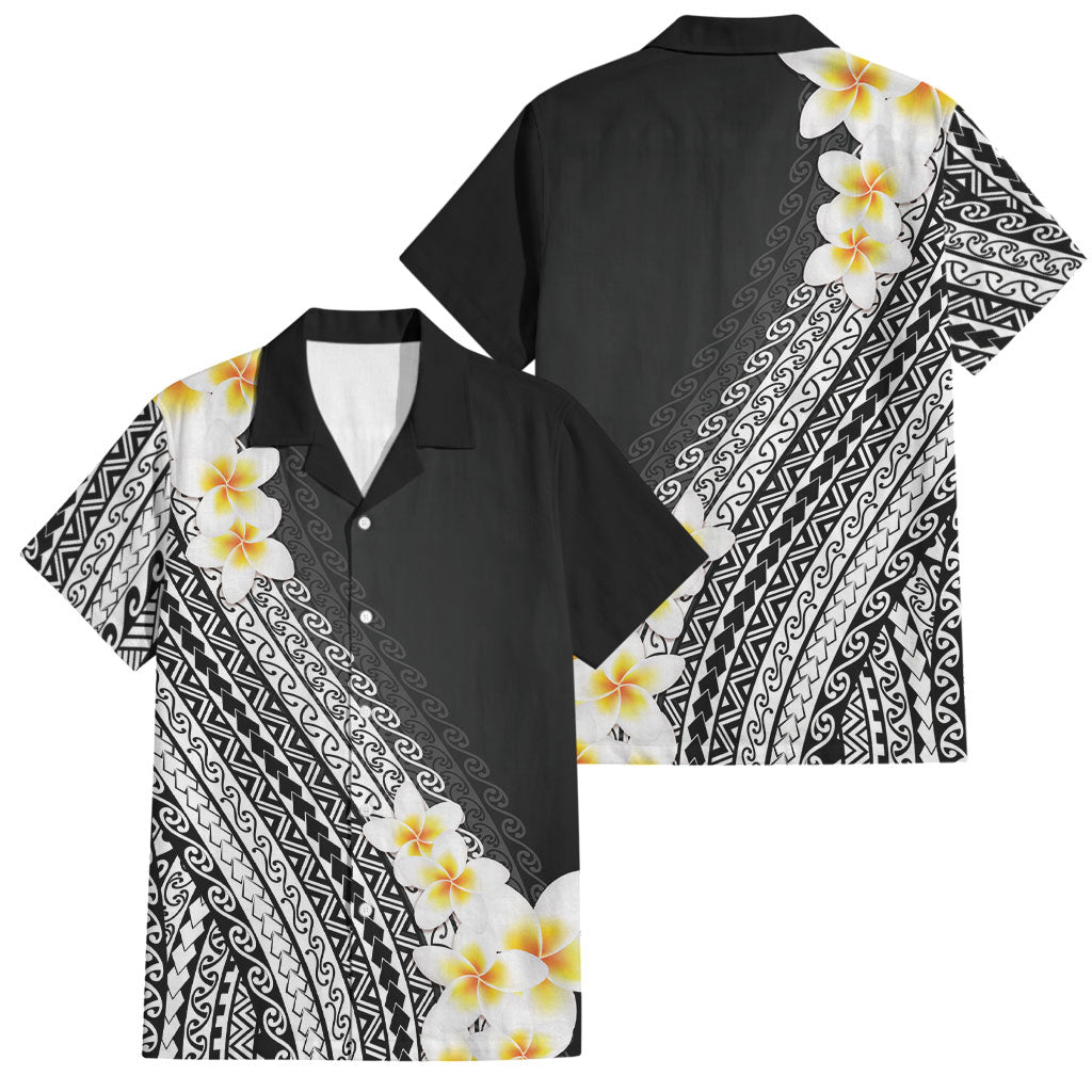 Tahiti Plumeria Tribal Pattern Family Matching Off Shoulder Short Dress and Hawaiian Shirt Wave Style Black LT05 Dad's Shirt - Short Sleeve Black - Polynesian Pride