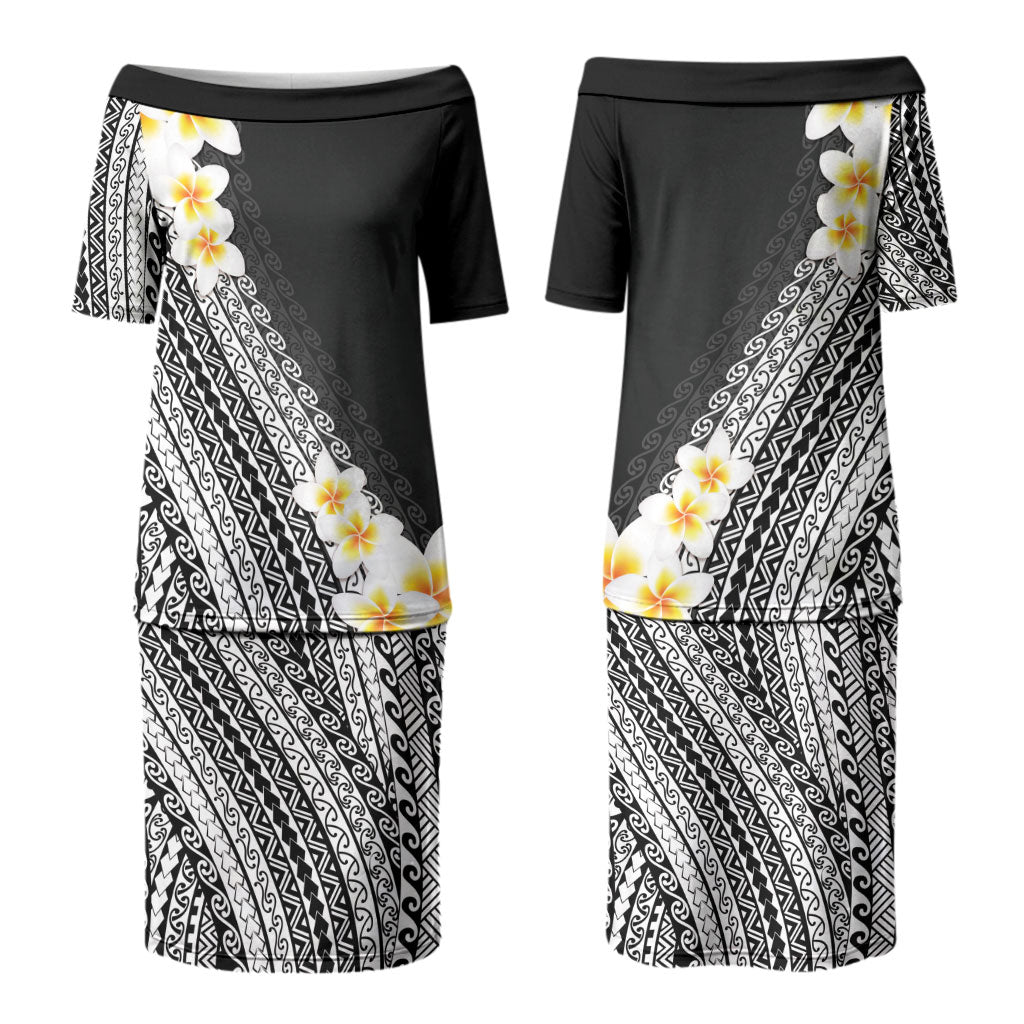 Tahiti Plumeria Tribal Pattern Family Matching Puletasi and Hawaiian Shirt Wave Style Black LT05 Mom's Dress Black - Polynesian Pride