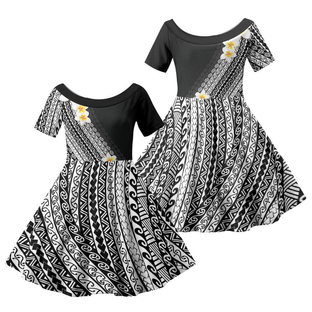 Tahiti Plumeria Tribal Pattern Family Matching Puletasi and Hawaiian Shirt Wave Style Black LT05 Daughter's Dress Black - Polynesian Pride