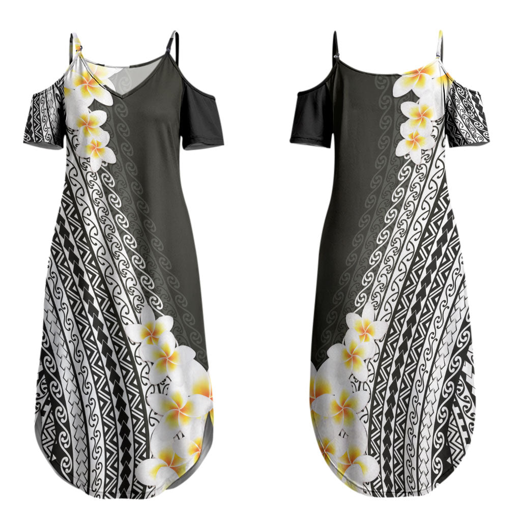 Tahiti Plumeria Tribal Pattern Family Matching Summer Maxi Dress and Hawaiian Shirt Wave Style Black LT05 Mom's Dress Black - Polynesian Pride