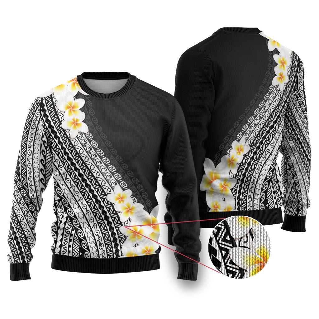 Tahiti Plumeria Tribal Pattern Ugly Christmas Sweater Wave Style Black LT05 Black - Polynesian Pride