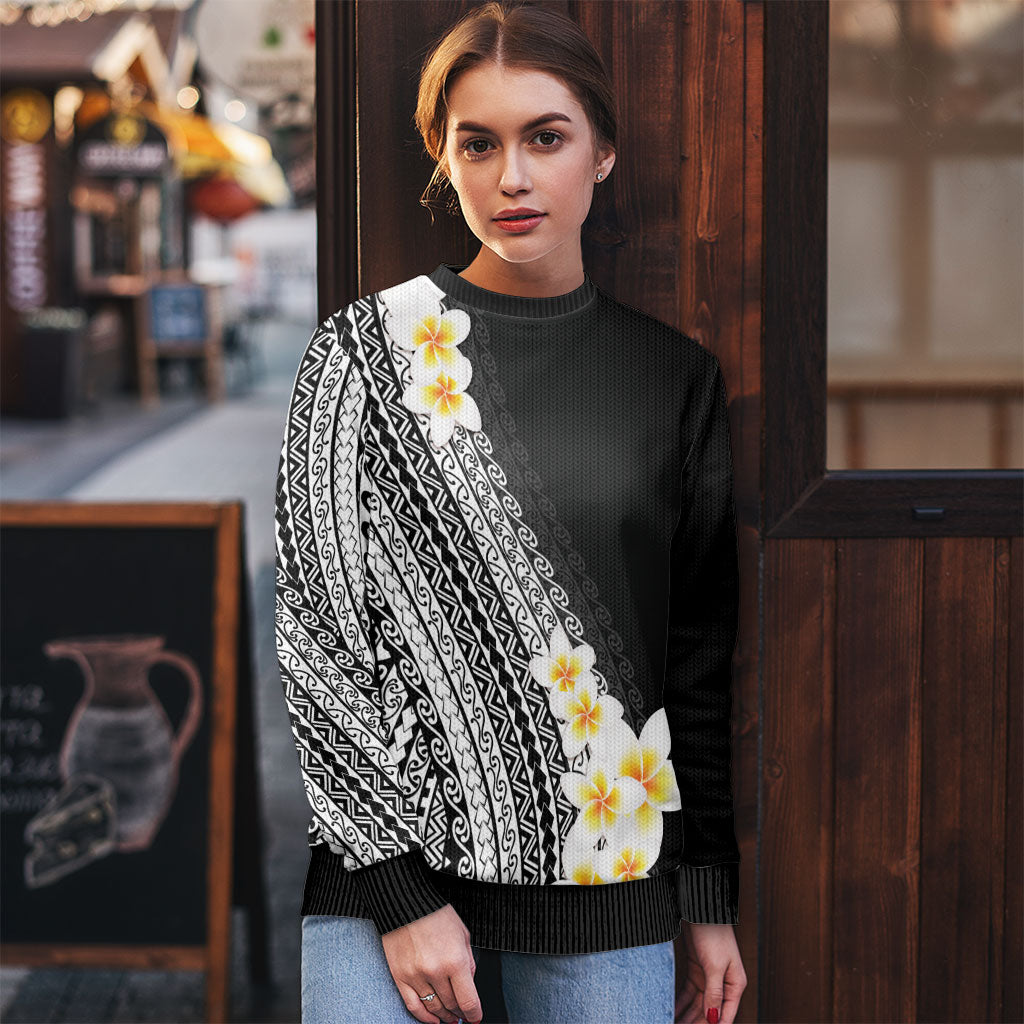 Tahiti Plumeria Tribal Pattern Ugly Christmas Sweater Wave Style Black LT05 - Polynesian Pride
