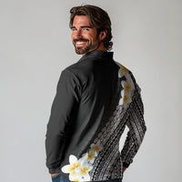 Tahiti Plumeria Tribal Pattern Long Sleeve Polo Shirt Wave Style Black LT05 - Polynesian Pride