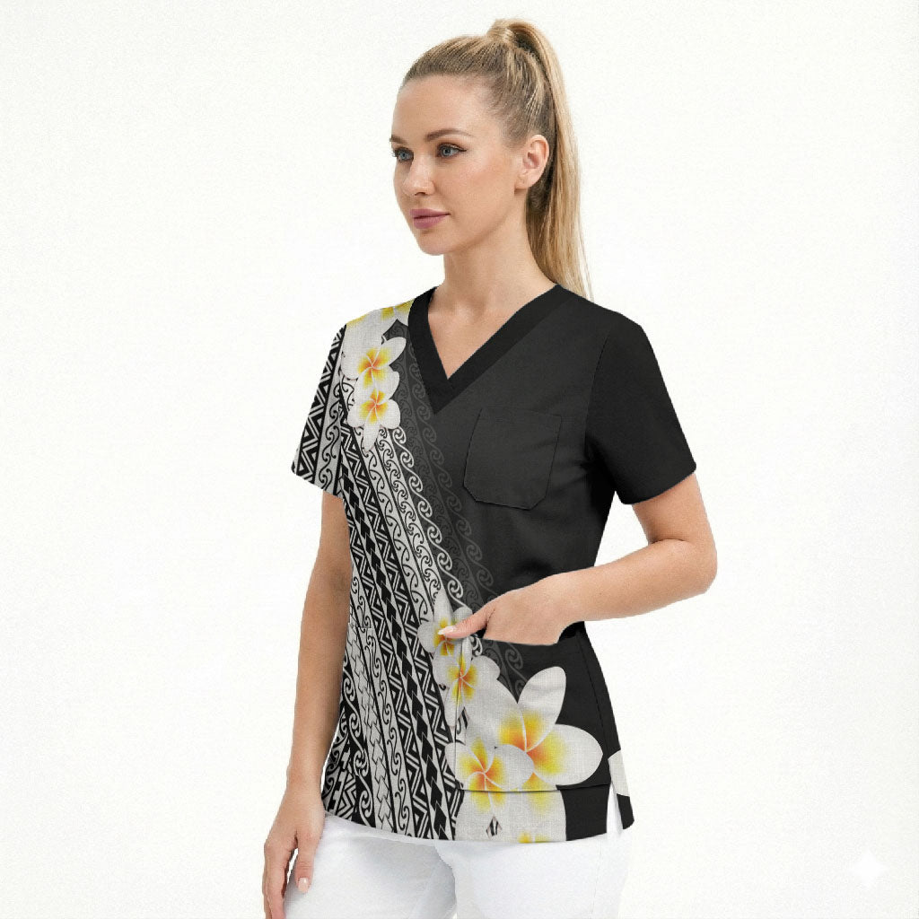 Tahiti Plumeria Tribal Pattern Scrub Top Wave Style Black LT05 - Polynesian Pride