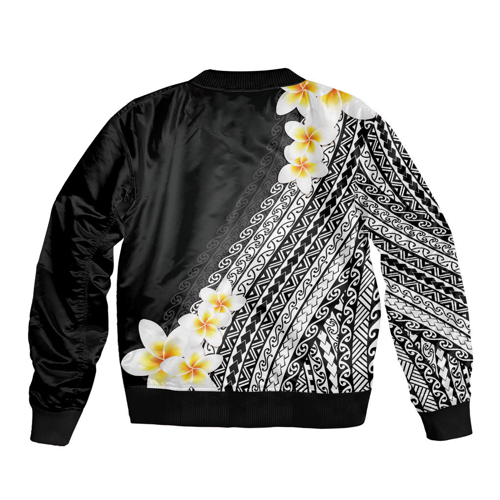 Tahiti Plumeria Tribal Pattern Sleeve Zip Bomber Jacket Wave Style Black LT05 - Polynesian Pride