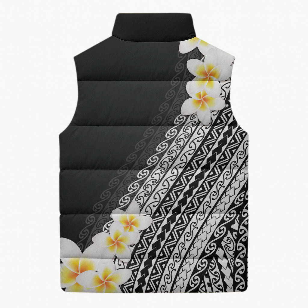 Tahiti Plumeria Tribal Pattern Sleeveless Puffer Jacket Wave Style Black LT05 - Polynesian Pride