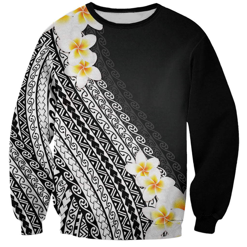 Tahiti Plumeria Tribal Pattern Sweatshirt Wave Style Black LT05 Unisex Black - Polynesian Pride