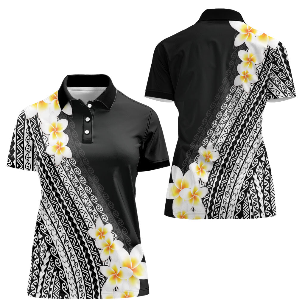 Tahiti Plumeria Tribal Pattern Women Polo Shirt Wave Style Black LT05 - Polynesian Pride