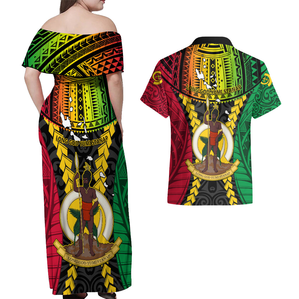Vanuatu Couples Matching Off Shoulder Maxi Dress and Hawaiian Shirt Vanuatuan Coat Of Arms Mix Pig Tusk Poynesian Pattern LT05 - Polynesian Pride