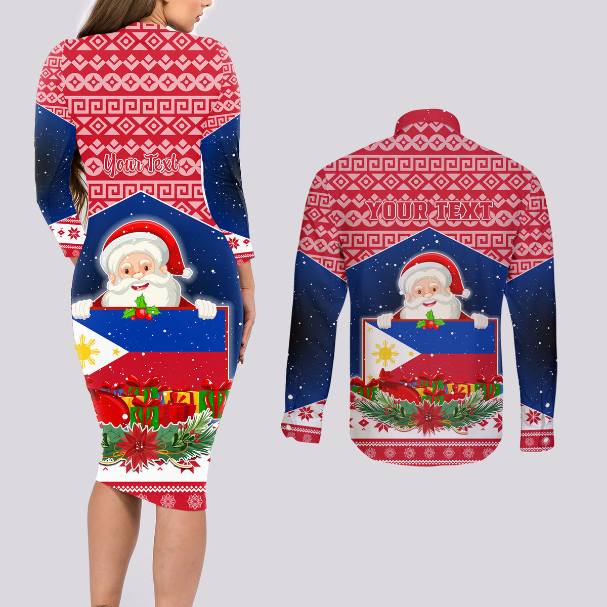 Personalised Philippines Christmas Couples Matching Long Sleeve Bodycon Dress and Long Sleeve Button Shirt Filipino Parol Maligayang Pasko LT05 - Polynesian Pride