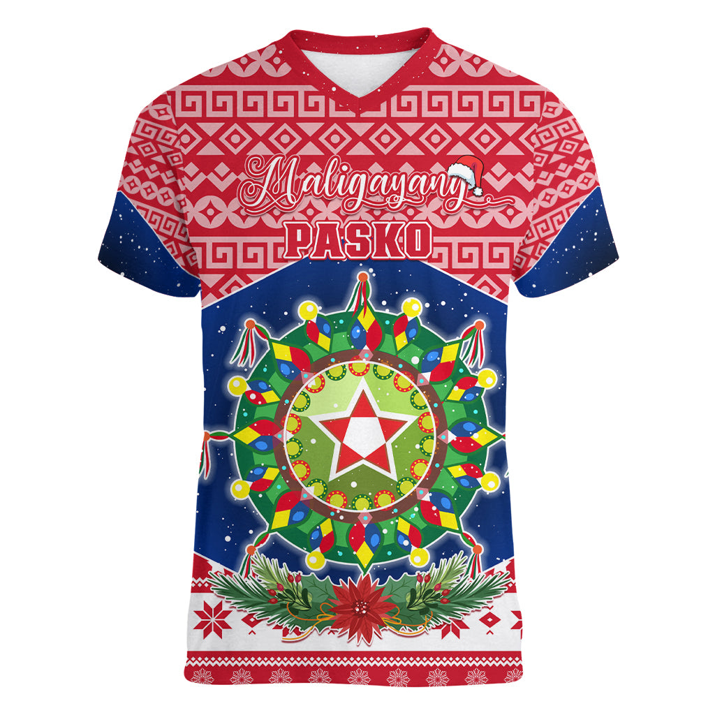 Personalised Philippines Christmas Women V Neck T Shirt Filipino Parol Maligayang Pasko LT05 Female Red - Polynesian Pride