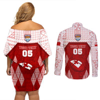 Custom Tonga Rugby Couples Matching Off Shoulder Short Dress and Long Sleeve Button Shirt 2023 Pacific Championships Kupesi Ngatu Mate Maa LT05 - Polynesian Pride
