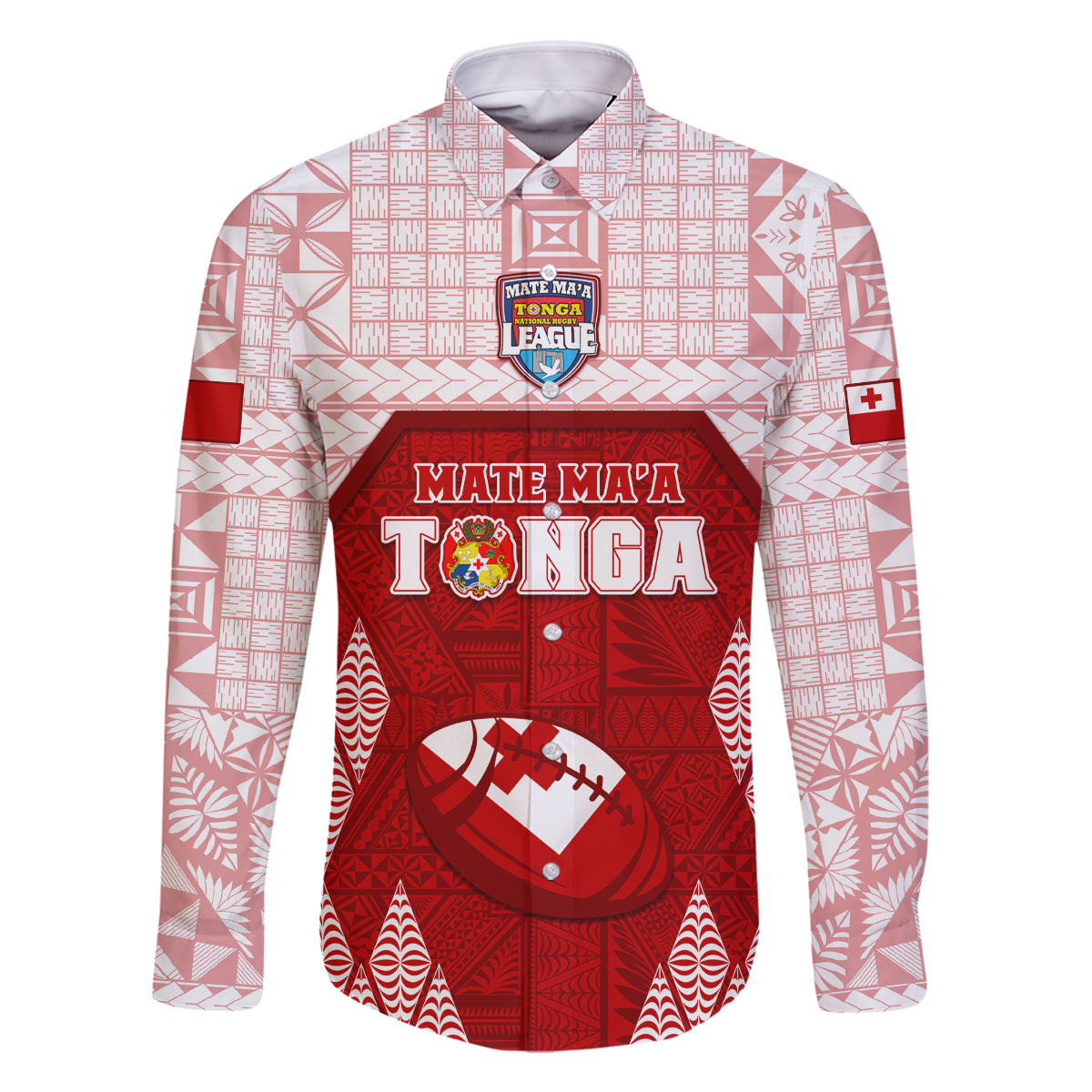 Custom Tonga Rugby Family Matching Mermaid Dress and Hawaiian Shirt 2023 Pacific Championships Kupesi Ngatu Mate Maa LT05 Dad's Shirt - Long Sleeve Red - Polynesian Pride