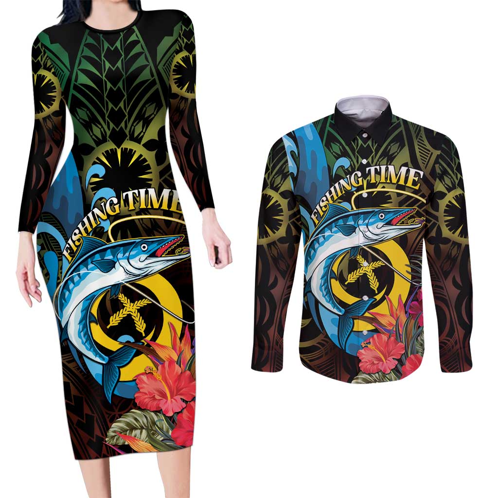 Vanuatu Fishing Couples Matching Long Sleeve Bodycon Dress and Long Sleeve Button Shirt It's Time To Fish LT05 Black - Polynesian Pride
