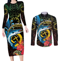 Vanuatu Fishing Couples Matching Long Sleeve Bodycon Dress and Long Sleeve Button Shirt It's Time To Fish LT05 Black - Polynesian Pride