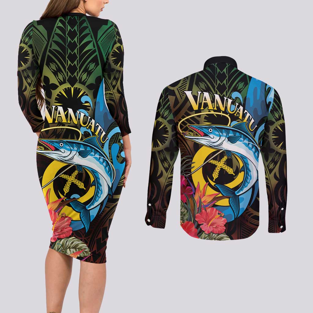 Vanuatu Fishing Couples Matching Long Sleeve Bodycon Dress and Long Sleeve Button Shirt It's Time To Fish LT05 - Polynesian Pride