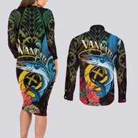 Vanuatu Fishing Couples Matching Long Sleeve Bodycon Dress and Long Sleeve Button Shirt It's Time To Fish LT05 - Polynesian Pride