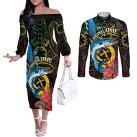 Vanuatu Fishing Couples Matching Off The Shoulder Long Sleeve Dress and Long Sleeve Button Shirt It's Time To Fish LT05 Black - Polynesian Pride