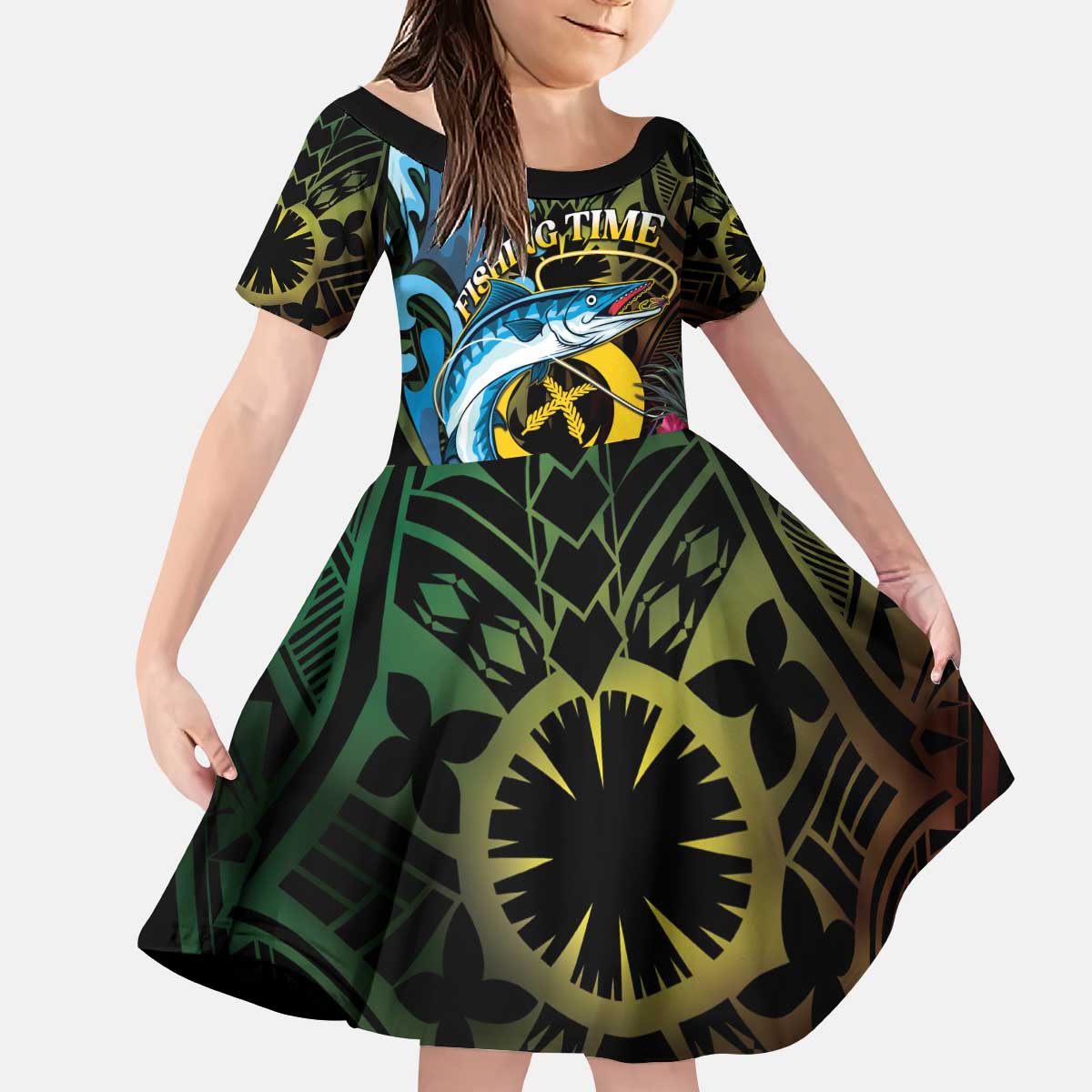 Vanuatu Fishing Kid Short Sleeve Dress It's Time To Fish LT05 KID Black - Polynesian Pride