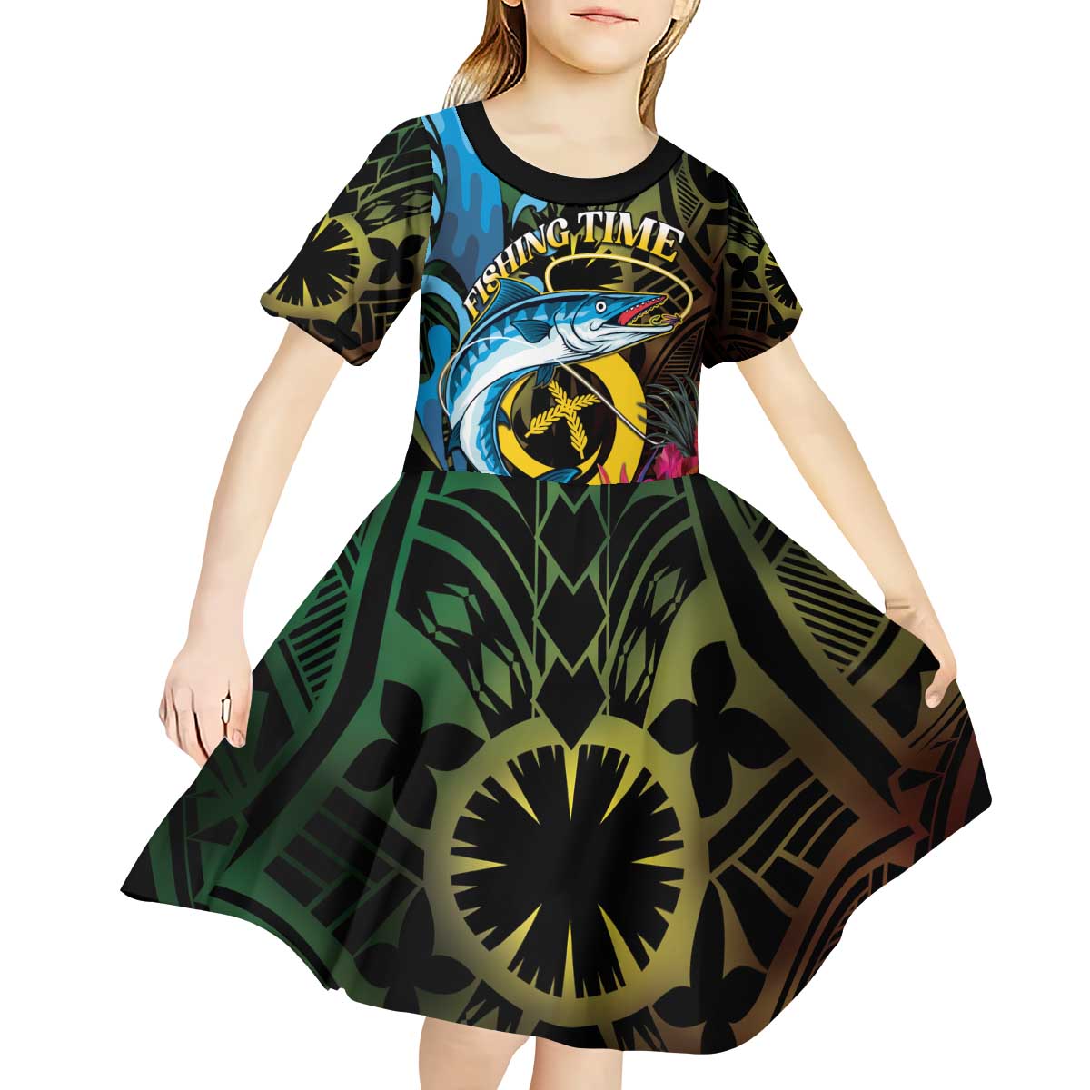 Vanuatu Fishing Kid Short Sleeve Dress It's Time To Fish LT05 - Polynesian Pride