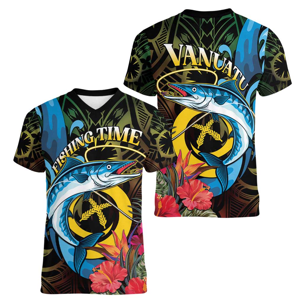 Vanuatu Fishing Women V-Neck T-Shirt It's Time To Fish LT05 - Polynesian Pride