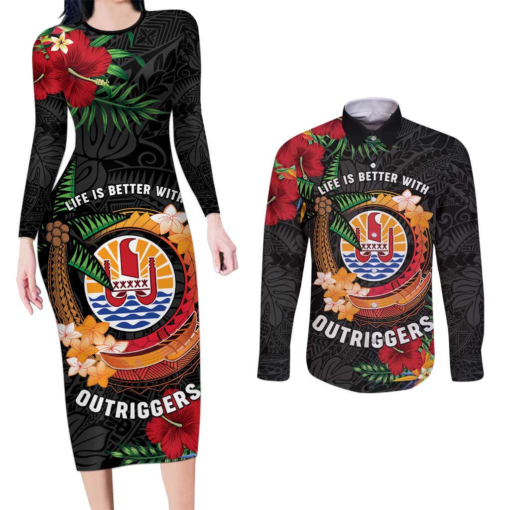 Personalised French Polynesia Outrigger Canoe Race Couples Matching Long Sleeve Bodycon Dress and Long Sleeve Button Shirt Tropical Vibe LT05 Black - Polynesian Pride