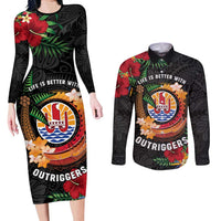 Personalised French Polynesia Outrigger Canoe Race Couples Matching Long Sleeve Bodycon Dress and Long Sleeve Button Shirt Tropical Vibe LT05 Black - Polynesian Pride