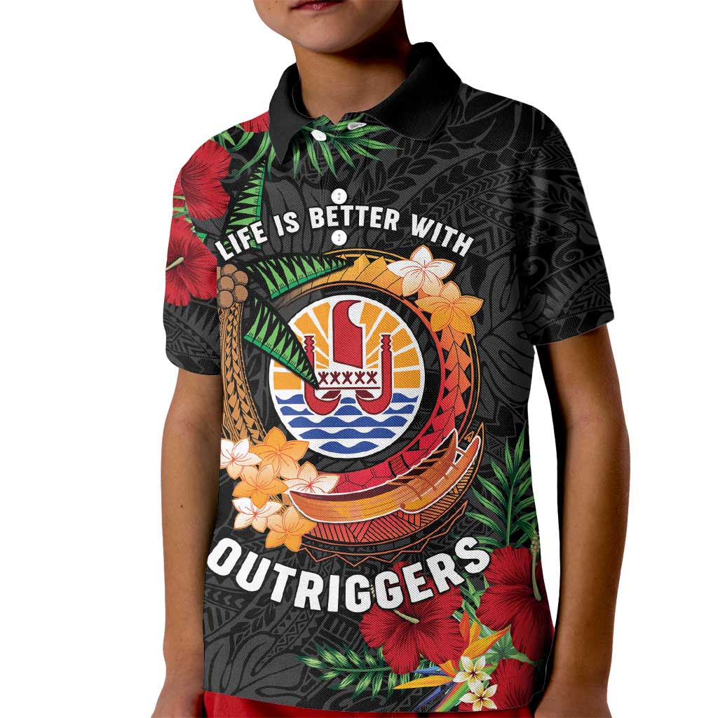 Personalised French Polynesia Outrigger Canoe Race Kid Polo Shirt Tropical Vibe LT05 Kid Black - Polynesian Pride
