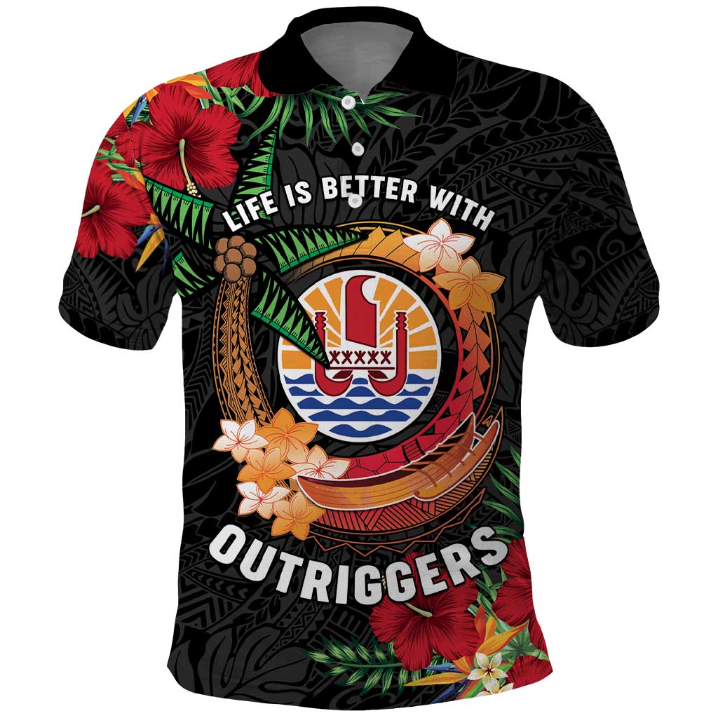 Personalised French Polynesia Outrigger Canoe Race Polo Shirt Tropical Vibe LT05 Black - Polynesian Pride