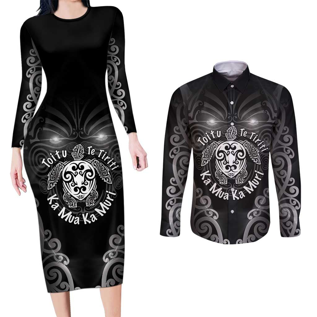 Aotearoa Toitu Te Tiriti Couples Matching Long Sleeve Bodycon Dress and Long Sleeve Button Shirt Ka Mua Ka Muri