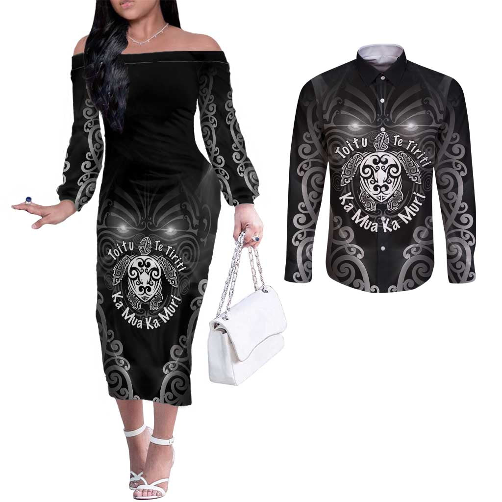 Aotearoa Toitu Te Tiriti Couples Matching Off The Shoulder Long Sleeve Dress and Long Sleeve Button Shirt Ka Mua Ka Muri