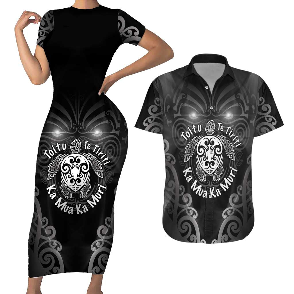 Aotearoa Toitu Te Tiriti Couples Matching Short Sleeve Bodycon Dress and Hawaiian Shirt Ka Mua Ka Muri LT05 Black - Polynesian Pride