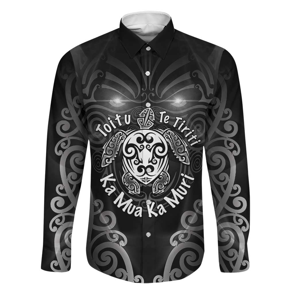 Aotearoa Toitu Te Tiriti Family Matching Short Sleeve Bodycon Dress and Hawaiian Shirt Ka Mua Ka Muri LT05 Dad's Shirt - Long Sleeve Black - Polynesian Pride