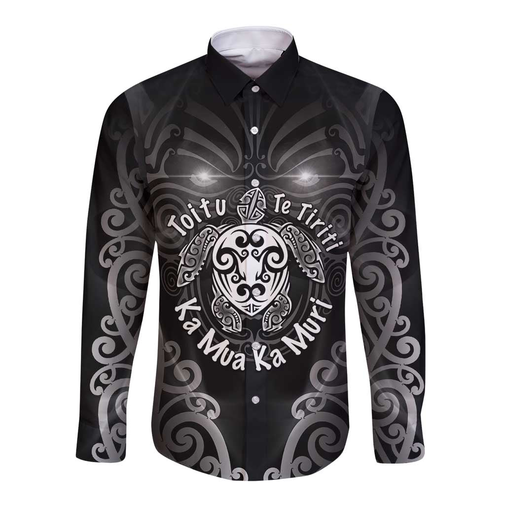 Aotearoa Toitu Te Tiriti Long Sleeve Button Shirt Ka Mua Ka Muri LT05 Unisex Black - Polynesian Pride