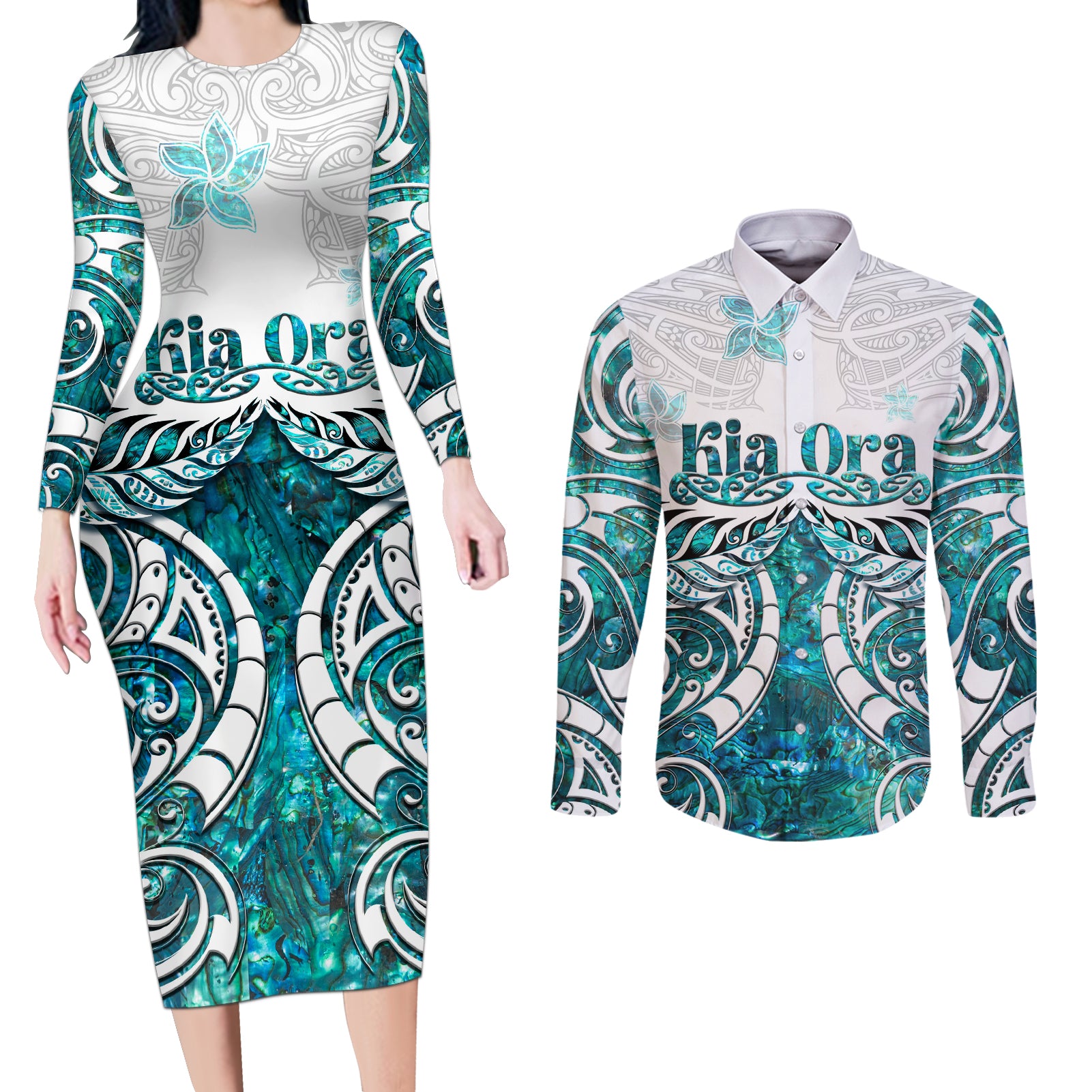 New Zealand Aotearoa Kia Ora Couples Matching Long Sleeve Bodycon Dress and Long Sleeve Button Shirt Paua Shell Maori Silver Fern LT05 Turquoise - Polynesian Pride