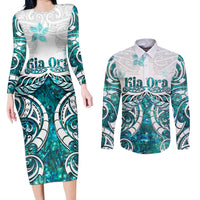 New Zealand Aotearoa Kia Ora Couples Matching Long Sleeve Bodycon Dress and Long Sleeve Button Shirt Paua Shell Maori Silver Fern LT05 Turquoise - Polynesian Pride