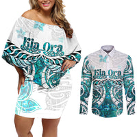 New Zealand Aotearoa Kia Ora Couples Matching Off Shoulder Short Dress and Long Sleeve Button Shirt Paua Shell Maori Silver Fern LT05 Turquoise - Polynesian Pride