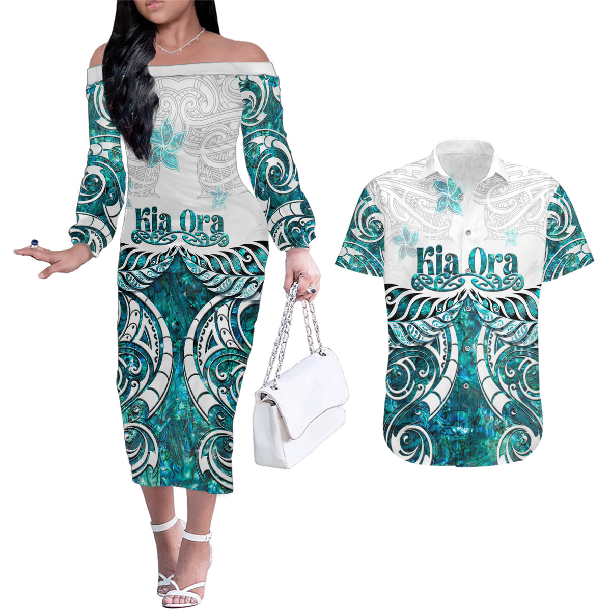 New Zealand Aotearoa Kia Ora Couples Matching Off The Shoulder Long Sleeve Dress and Hawaiian Shirt Paua Shell Maori Silver Fern LT05 Turquoise - Polynesian Pride